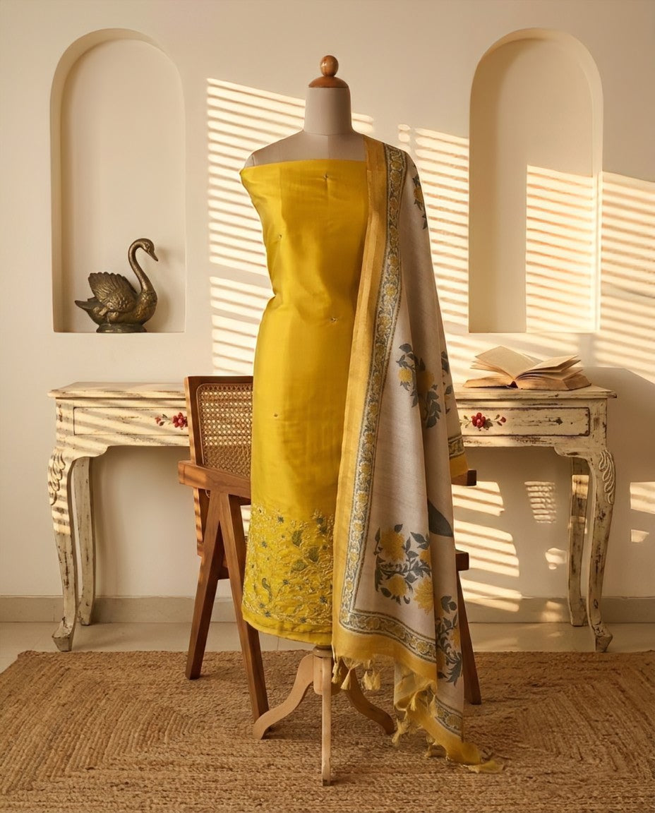 Tussar Silk Unstitched Suit Material with Handcrafted Zardozi & Thread Work