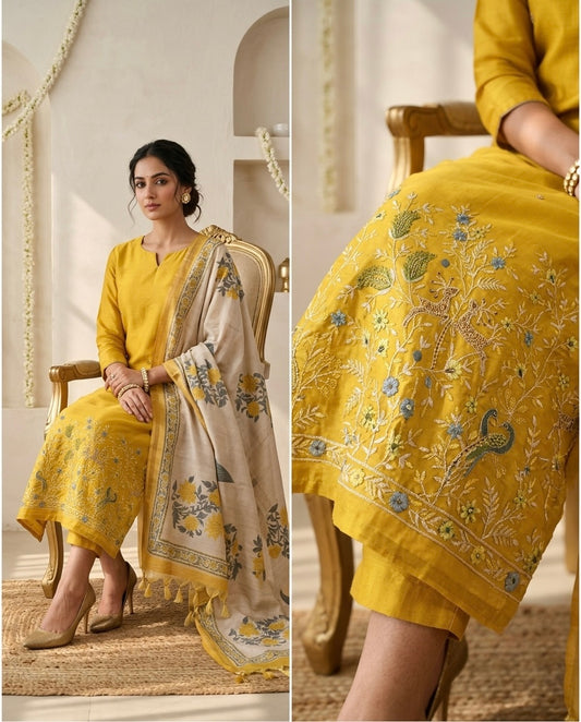 Tussar Silk Unstitched Suit Material with Handcrafted Zardozi & Thread Work