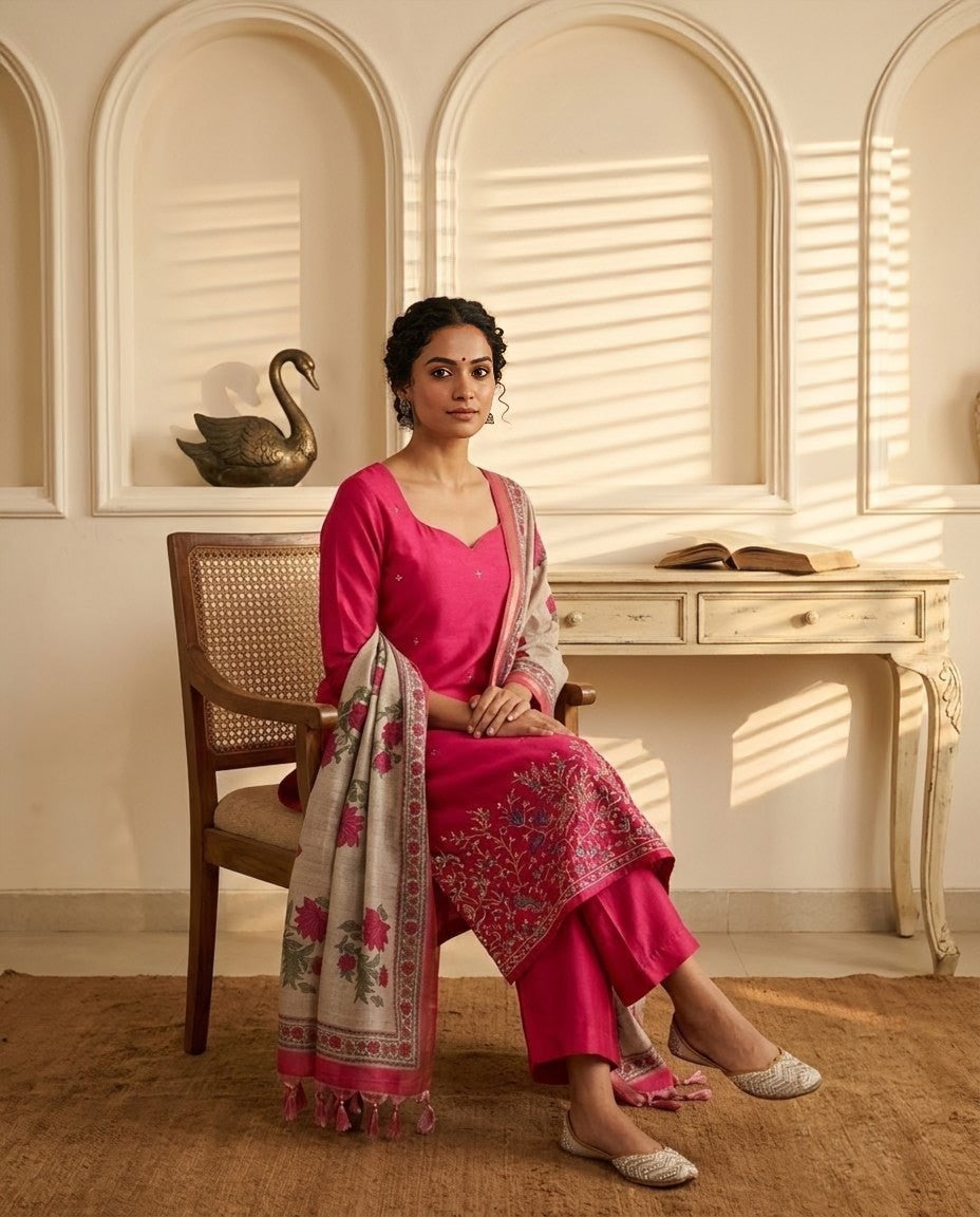 Tussar Silk Unstitched Suit Material with Handcrafted Zardozi & Thread Work