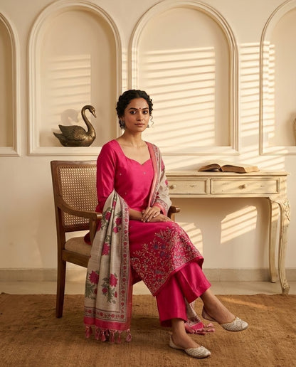 Tussar Silk Unstitched Suit Material with Handcrafted Zardozi & Thread Work