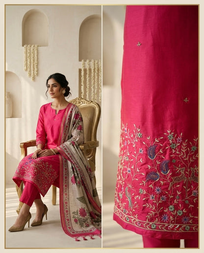 Tussar Silk Unstitched Suit Material with Handcrafted Zardozi & Thread Work