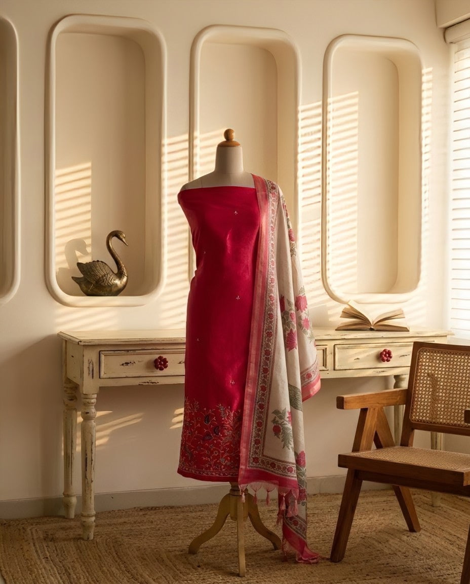 Tussar Silk Unstitched Suit Material with Handcrafted Zardozi & Thread Work