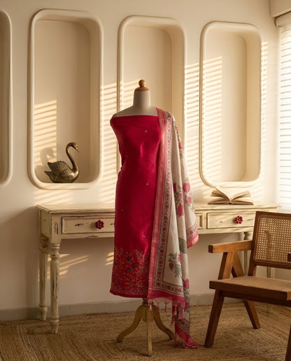 Tussar Silk Unstitched Suit Material with Handcrafted Zardozi & Thread Work