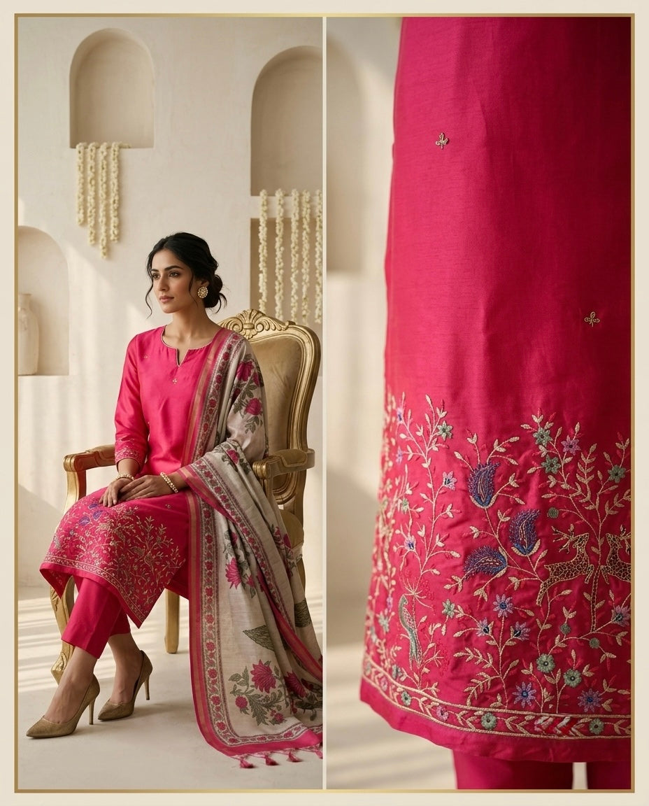 Tussar Silk Unstitched Suit Material with Handcrafted Zardozi & Thread Work