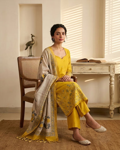 Tussar Silk Unstitched Suit Material with Handcrafted Zardozi & Thread Work