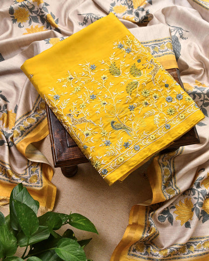 Tussar Silk Unstitched Suit Material with Handcrafted Zardozi & Thread Work