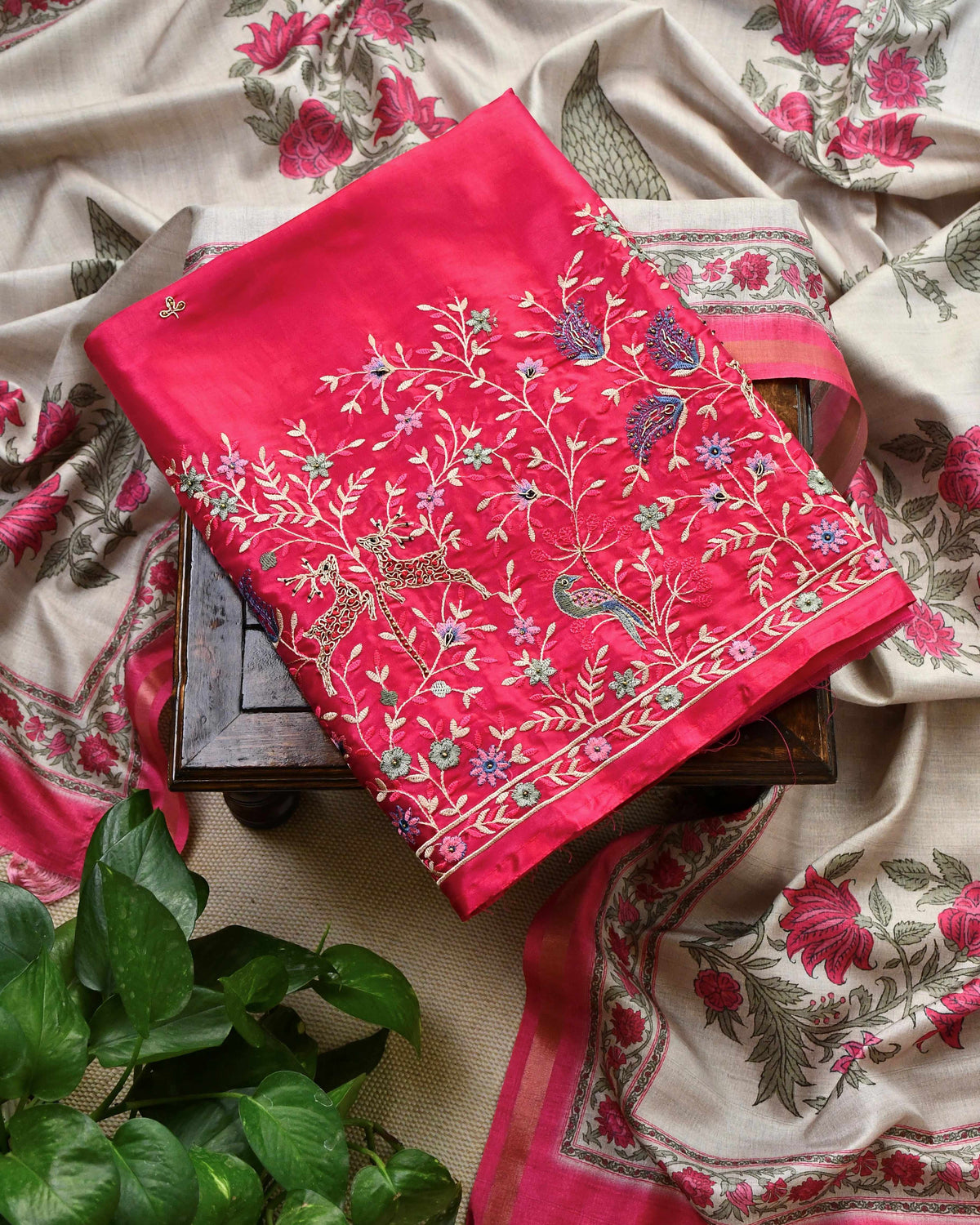 Tussar Silk Unstitched Suit Material with Handcrafted Zardozi & Thread Work
