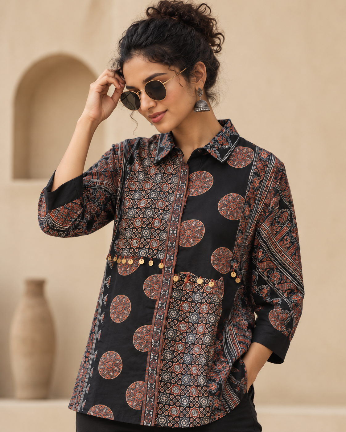 Relaxed Anti Fit Printed Modal Silk Shirt for Women – Ajrakh Motif Coin Embellishments