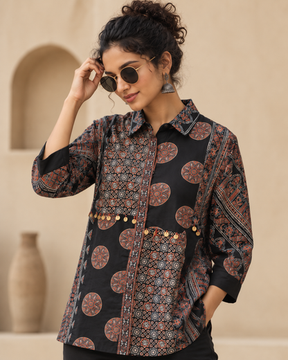 Relaxed Anti Fit Printed Modal Silk Shirt for Women – Ajrakh Motif Coin Embellishments