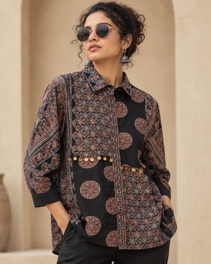 Relaxed Anti Fit Printed Modal Silk Shirt for Women – Ajrakh Motif Coin Embellishments