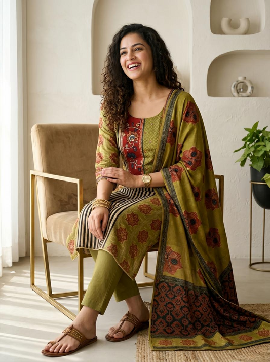 Premium Muslin Unstitched Suit Set with Ajrakh Digital Prints & Elegant Dupatta