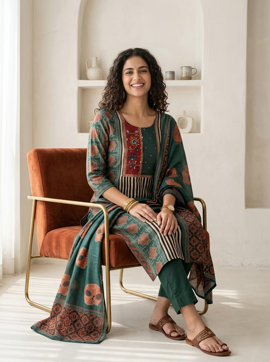 Premium Muslin Unstitched Suit Set with Ajrakh Digital Prints & Elegant Dupatta