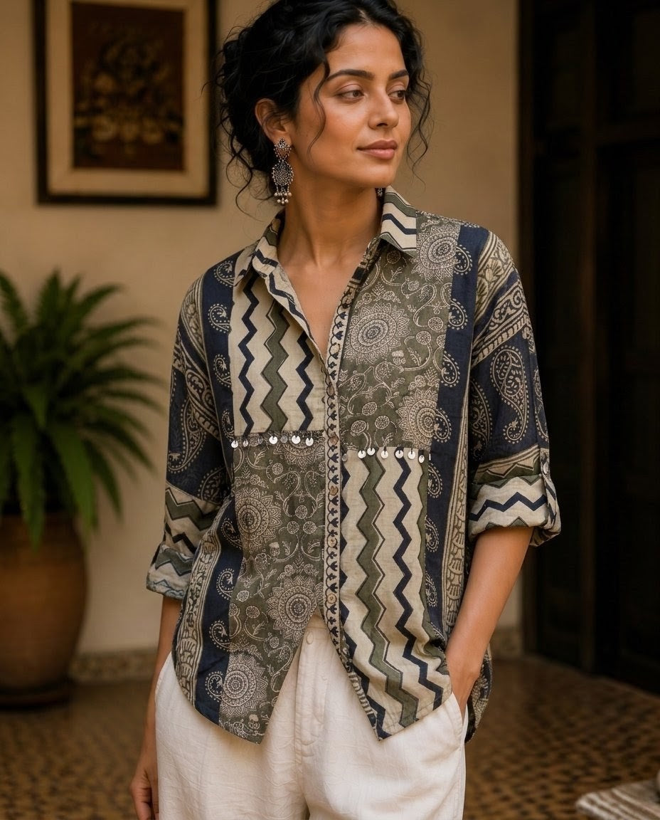 Relaxed Anti Fit Ajrak Print Modal Muslin Shirt