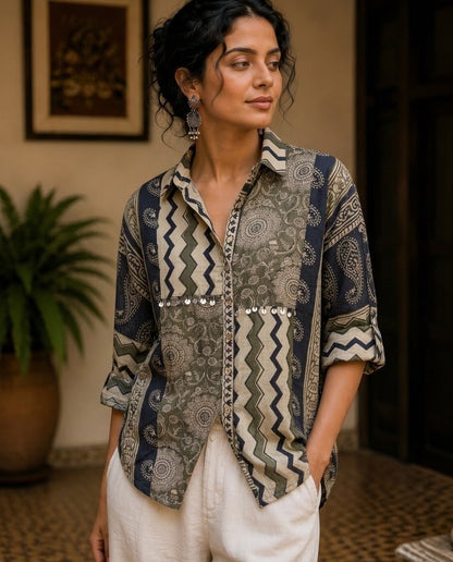 Relaxed Anti Fit Ajrak Print Modal Muslin Shirt