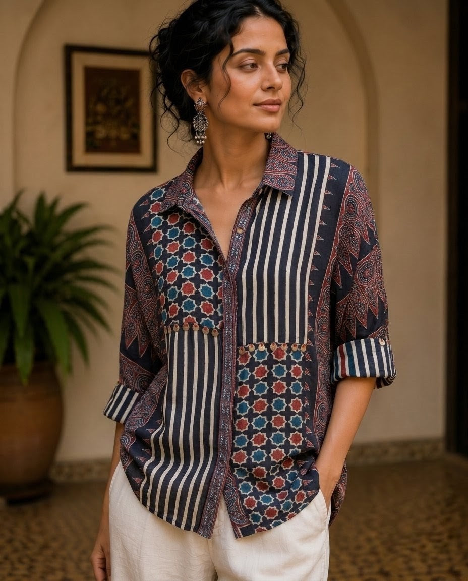 Relaxed Anti Fit Ajrakh Patchwork Print Modal Silk Collared Shirt