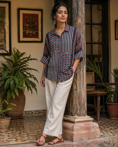 Relaxed Anti Fit Ajrakh Patchwork Print Modal Silk Collared Shirt