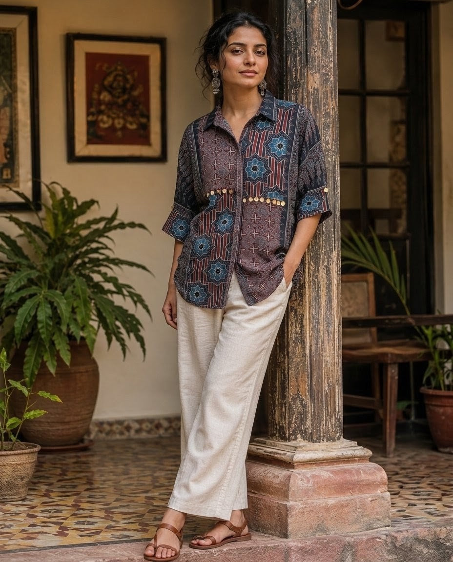Relaxed Anti Fit Indigo Print Modal Silk Shirt with Coin Detail
