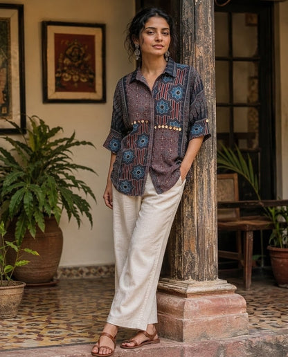 Relaxed Anti Fit Indigo Print Modal Silk Shirt with Coin Detail