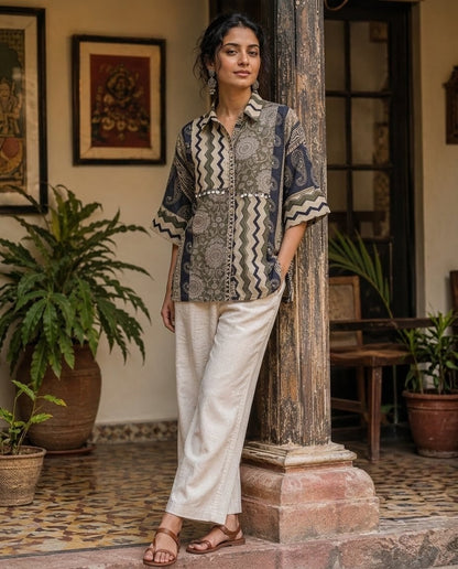 Relaxed Anti Fit Ajrak Print Modal Muslin Shirt