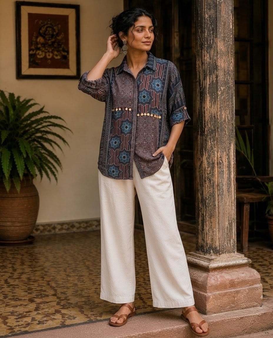 Relaxed Anti Fit Indigo Print Modal Silk Shirt with Coin Detail
