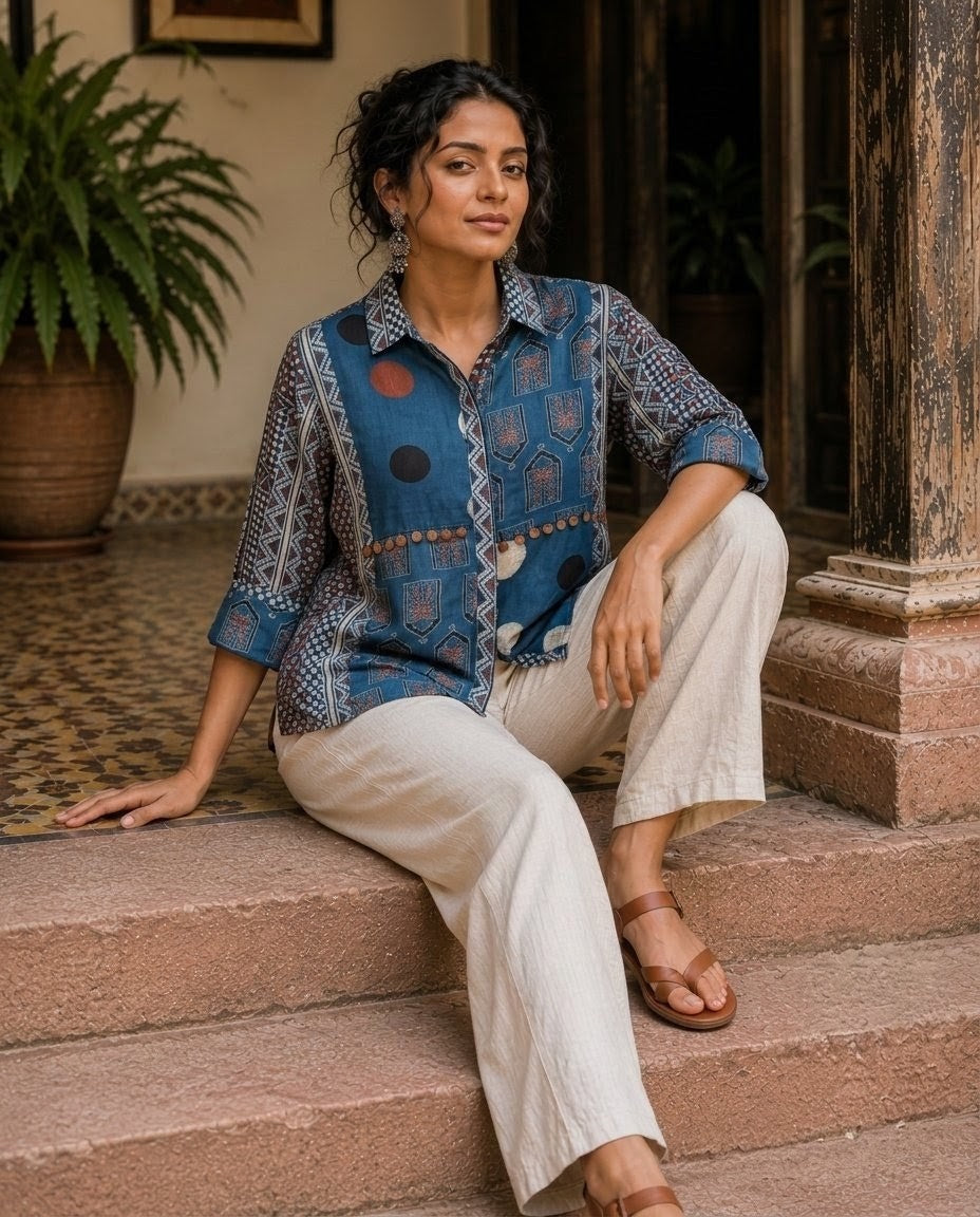 Relaxed Anti Fit Indigo Ajrakh Print Modal Silk Shirt