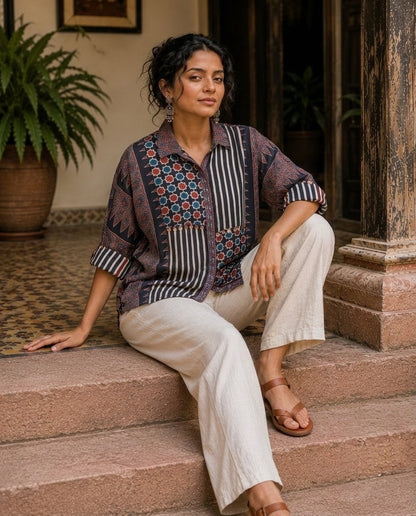 Relaxed Anti Fit Ajrakh Patchwork Print Modal Silk Collared Shirt