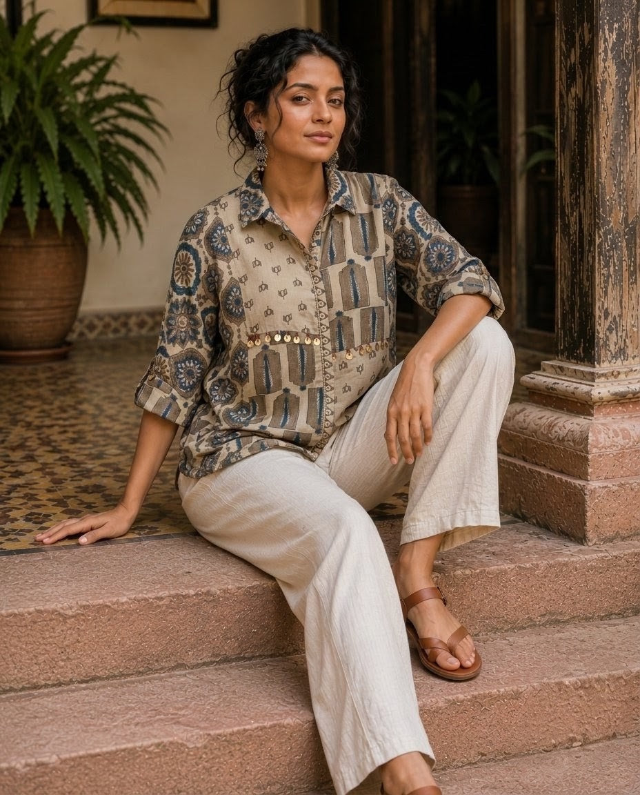 Relaxed Anti Fit Ajrak Modal Silk Shirt