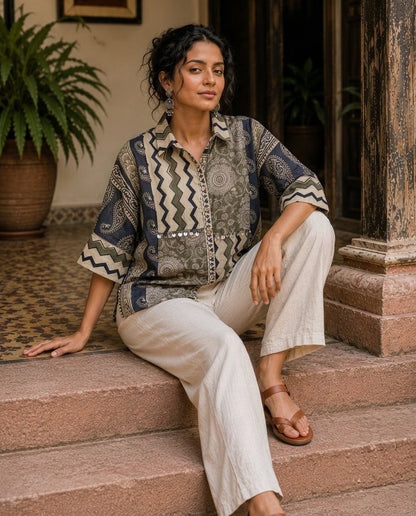 Relaxed Anti Fit Ajrak Print Modal Muslin Shirt