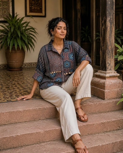 Relaxed Anti Fit Indigo Print Modal Silk Shirt with Coin Detail