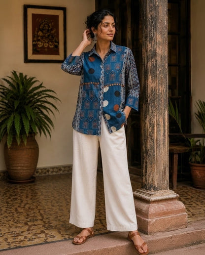 Relaxed Anti Fit Indigo Ajrakh Print Modal Silk Shirt