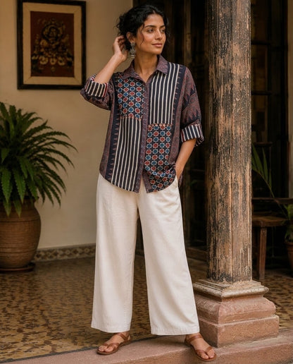 Relaxed Anti Fit Ajrakh Patchwork Print Modal Silk Collared Shirt