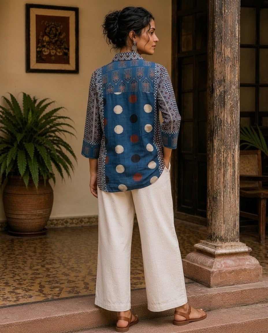 Relaxed Anti Fit Indigo Ajrakh Print Modal Silk Shirt