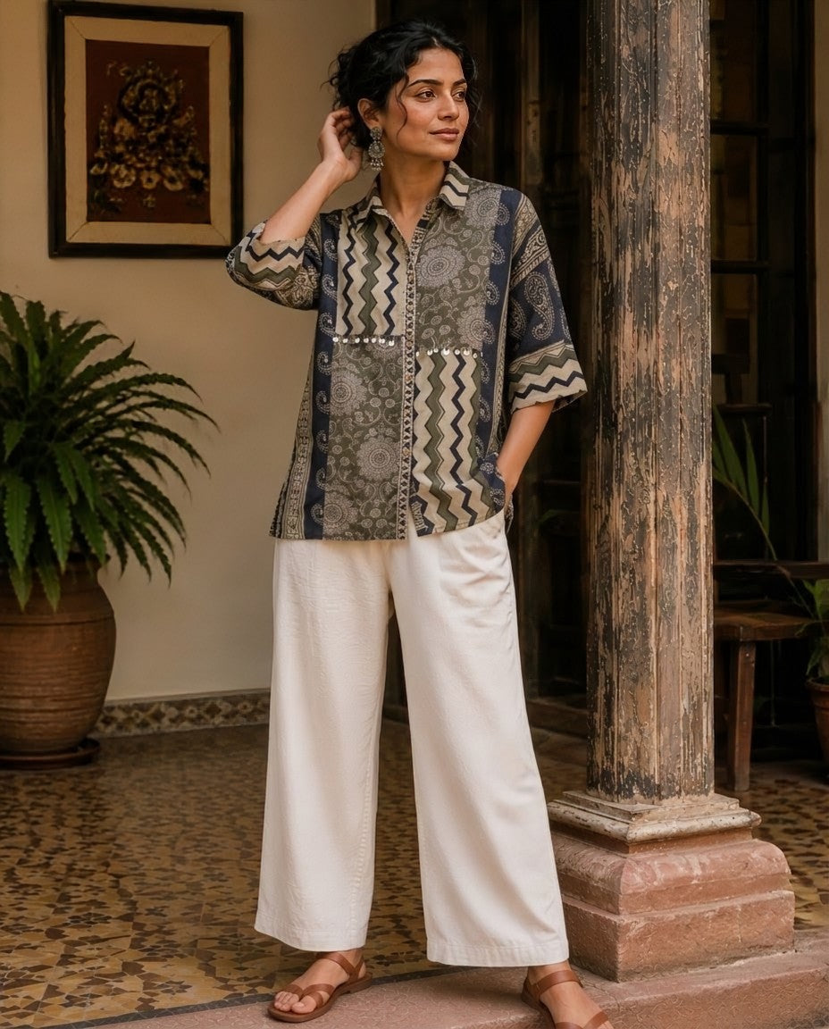 Relaxed Anti Fit Ajrak Print Modal Muslin Shirt