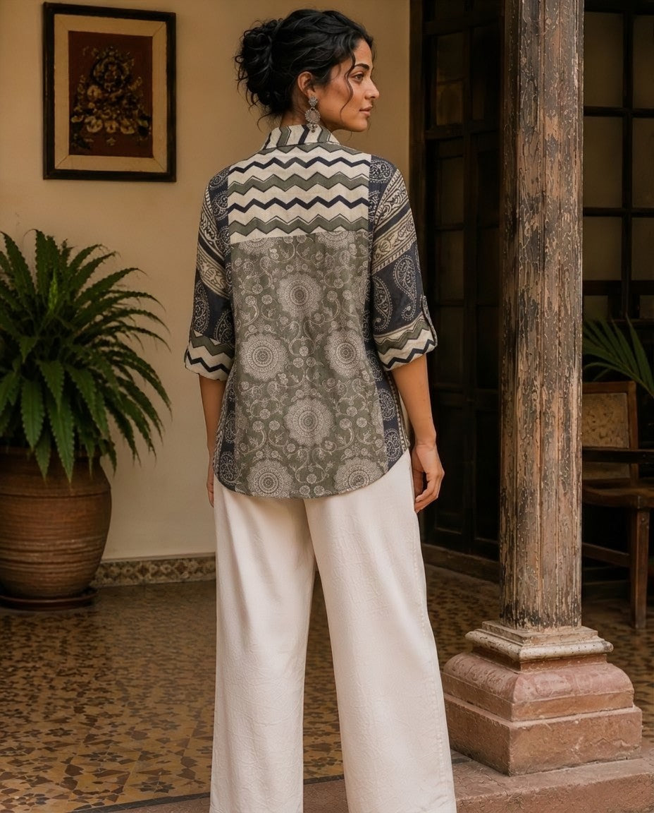 Relaxed Anti Fit Ajrak Print Modal Muslin Shirt
