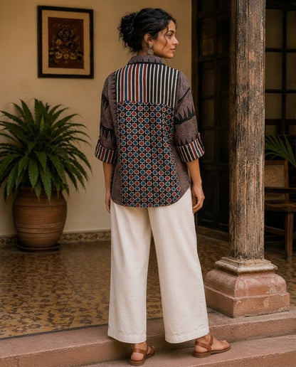 Relaxed Anti Fit Ajrakh Patchwork Print Modal Silk Collared Shirt