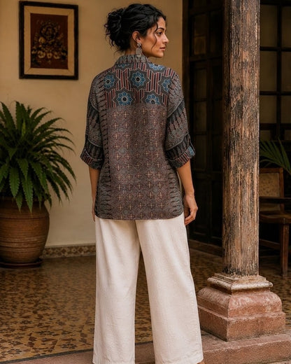 Relaxed Anti Fit Indigo Print Modal Silk Shirt with Coin Detail