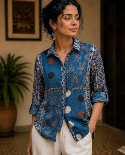 Relaxed Anti Fit Indigo Ajrakh Print Modal Silk Shirt
