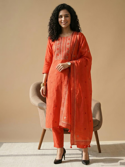 Heritage Banarasi Chanderi Unstitched Ensemble with Handcrafted Katha Work