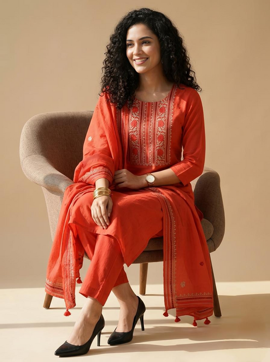 Heritage Banarasi Chanderi Unstitched Ensemble with Handcrafted Katha Work