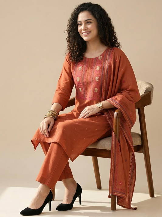 Heritage Banarasi Chanderi Unstitched Ensemble with Handcrafted Katha Work