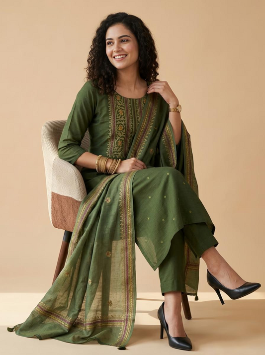 Heritage Banarasi Chanderi Unstitched Ensemble with Handcrafted Katha Work