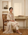 Banarasi Organza Zari Striped Unstitched Suit Set with Embellished V-Neck