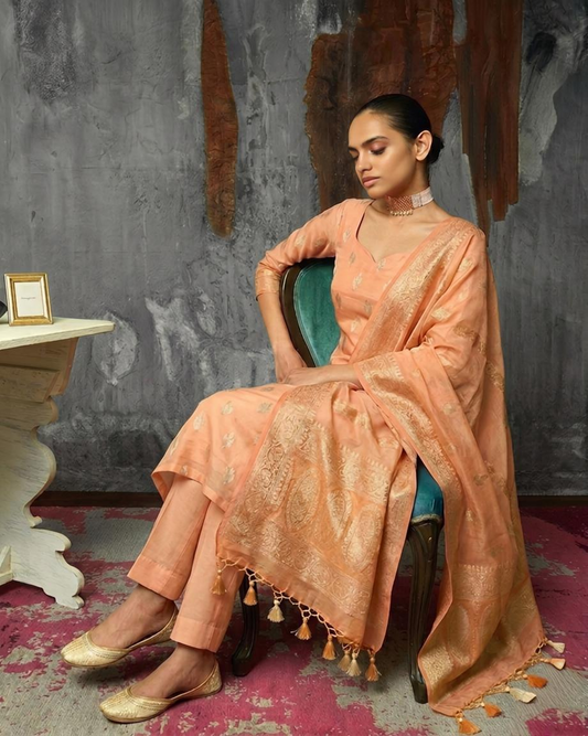 Luxury Banarasi Chanderi Silk Unstitched Suit Set with Zari  Weave