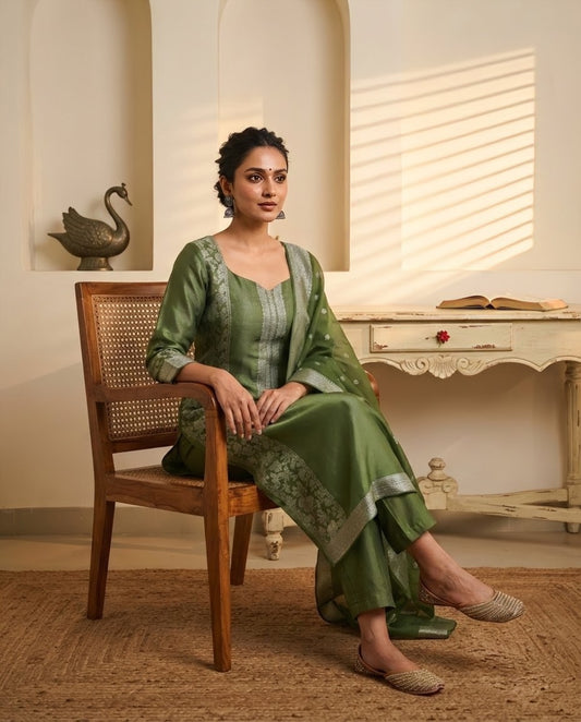 Handloom  Tanchoi silk Unstitched Suit Material with Fine Zari Weaving