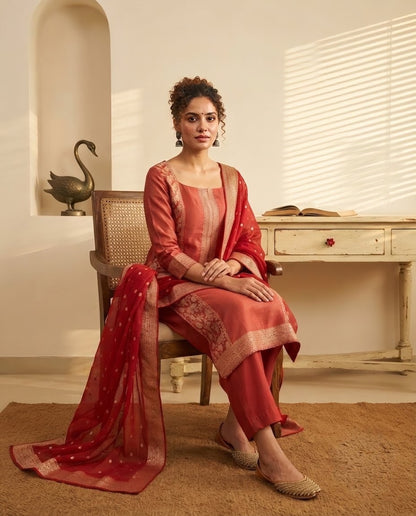 Handloom  Tanchoi silk Unstitched Suit Material with Fine Zari Weaving