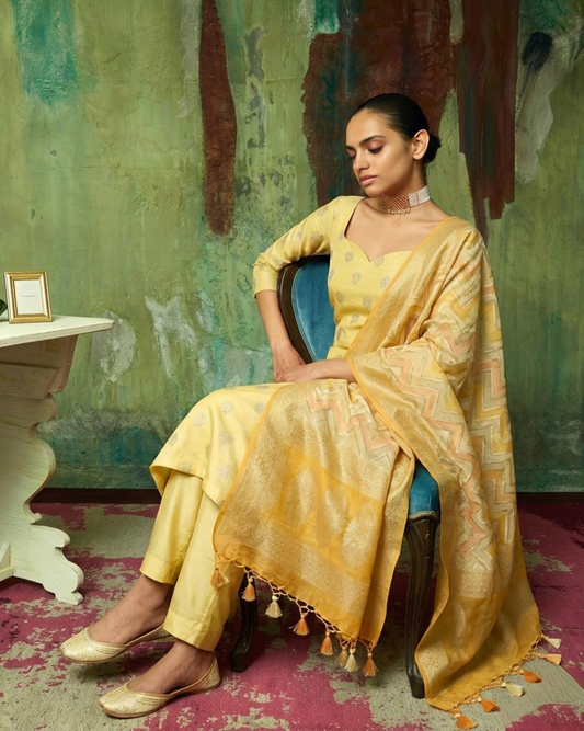 Luxury Banarasi Chanderi Silk Unstitched Suit Set with Zari  Weave