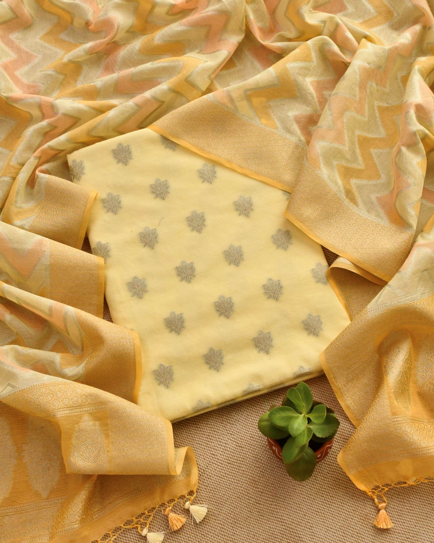Luxury Banarasi Chanderi Silk Unstitched Suit Set with Zari  Weave
