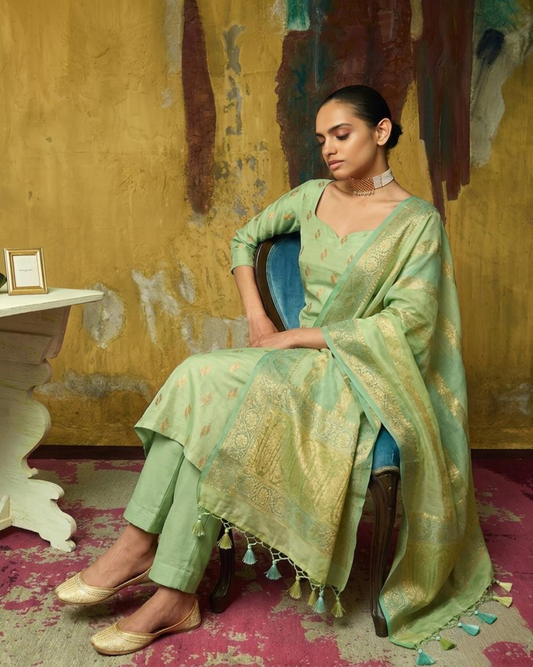 Luxury Banarasi Chanderi Silk Unstitched Suit Set with Zari  Weave