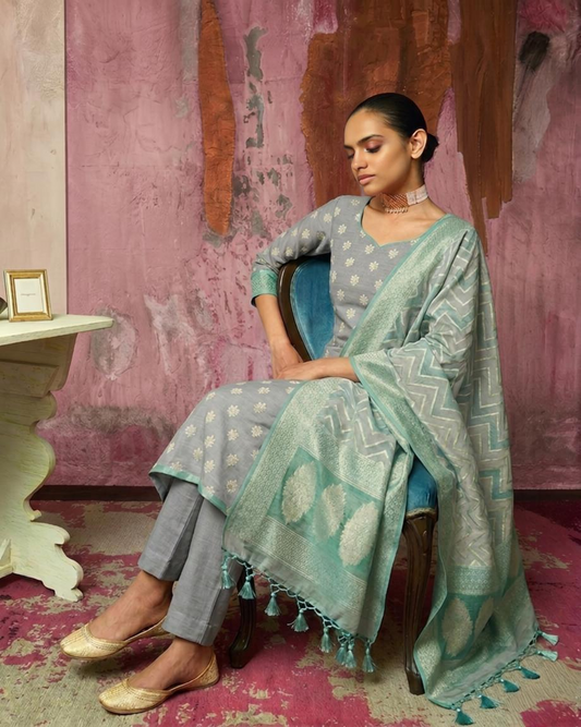 Luxury Banarasi Chanderi Silk Unstitched Suit Set with Zari  Weave