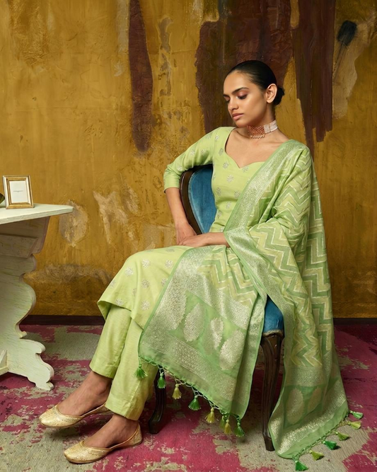 Luxury Banarasi Chanderi Silk Unstitched Suit Set with Zari  Weave